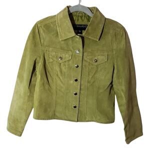 Bernardo Suede Leather Jacket Olive Green Western Snap Button‎ Front Coat Small